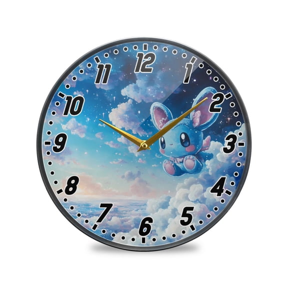 Wall Clock Battery Operated Non-Ticking Silent for Living Room Bedroom Kitchen Office Decor Cute Blue Mouse in Sky 9.5"