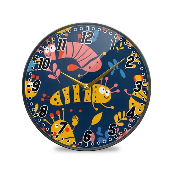 Wall Clock Battery Operated Non-Ticking Silent for Living Room Bedroom Kitchen Office Decor Cute Hand Drawn Bug 9.5"