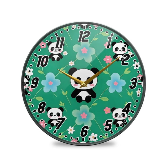 Wall Clock Battery Operated Non-Ticking Silent for Living Room Bedroom Kitchen Office Decor Cute Panda Flower Leaves 12"