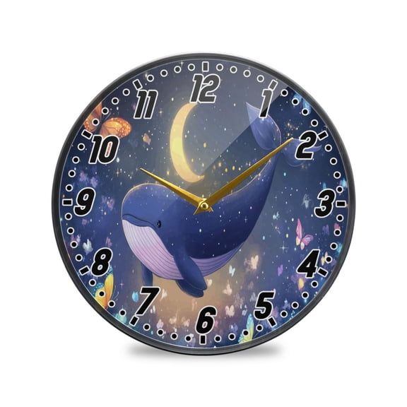 Wall Clock Battery Operated Non-Ticking Silent for Living Room Bedroom Kitchen Office Decor Cute Whale Floating in Nigh 9.5"