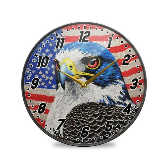 Wall Clock Battery Operated Non-Ticking Silent for Living Room Bedroom Kitchen Office Decor Eagle and American Flag 12"
