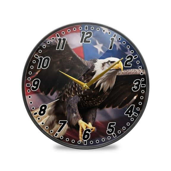 Wall Clock Battery Operated Non-Ticking Silent for Living Room Bedroom Kitchen Office Decor Eagle with American Flag 12"