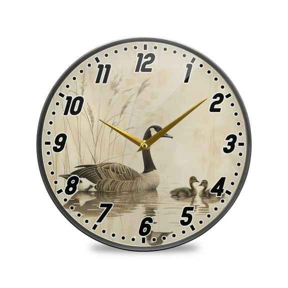 Wall Clock Battery Operated Non-Ticking Silent for Living Room Bedroom Kitchen Office Decor Elegant Goose with Goslings Swimming 9.5"