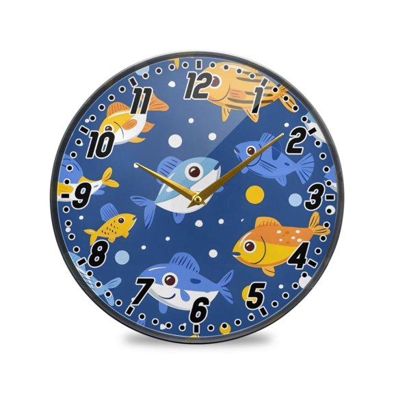 Wall Clock Battery Operated Non-Ticking Silent for Living Room Bedroom Kitchen Office Decor Funny Fishes 12"