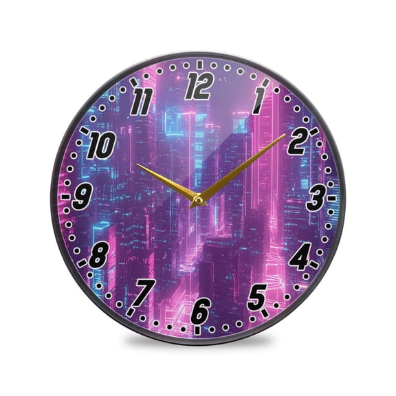 Wall Clock Battery Operated Non-Ticking Silent for Living Room Bedroom Kitchen Office Decor Futuristic Cyberpunk City 9.5"