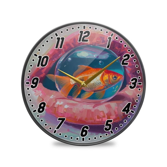 Wall Clock Battery Operated Non-Ticking Silent for Living Room Bedroom Kitchen Office Decor Goldfish in Bubble Inside Mouth 9.5"