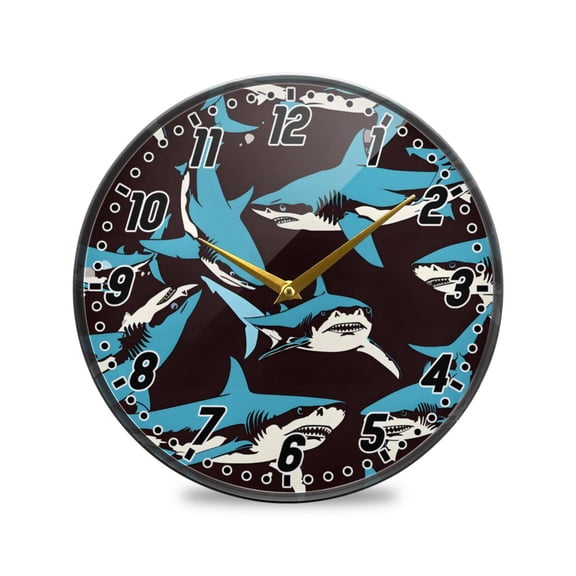 Wall Clock Battery Operated Non-Ticking Silent for Living Room Bedroom Kitchen Office Decor Hand Drawn Sharks 9.5"