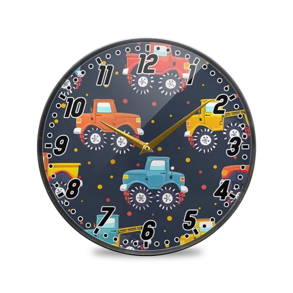Wall Clock Battery Operated Non-Ticking Silent for Living Room Bedroom Kitchen Office Decor Hand Paint Monster Trucks 12"