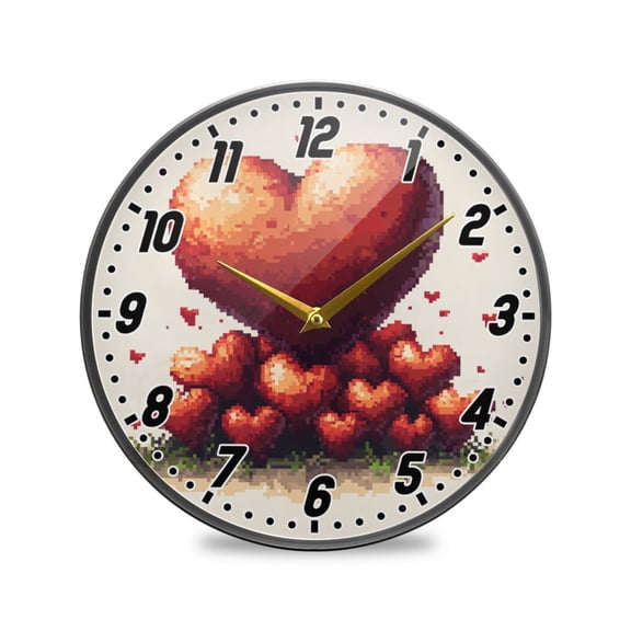 Wall Clock Battery Operated Non-Ticking Silent for Living Room Bedroom Kitchen Office Decor Heart-shaped Mounds Pixel Art 12"