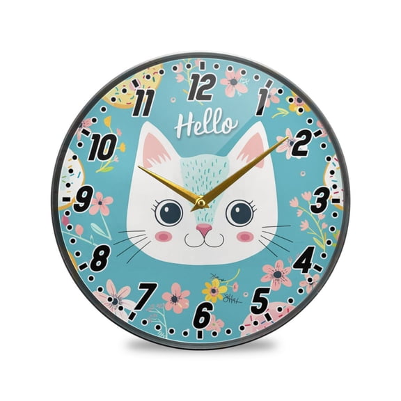 Wall Clock Battery Operated Non-Ticking Silent for Living Room Bedroom Kitchen Office Decor Hello Cat Face 12"