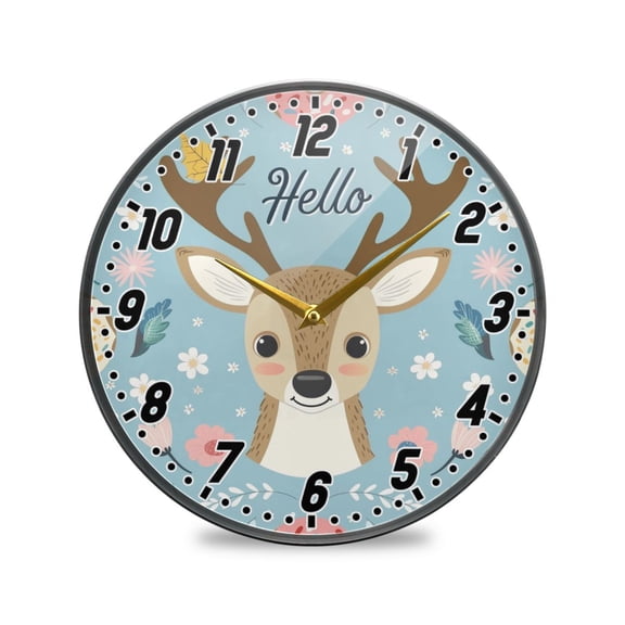 Wall Clock Battery Operated Non-Ticking Silent for Living Room Bedroom Kitchen Office Decor Hello Deer Face 12"