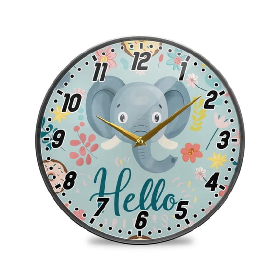 Wall Clock Battery Operated Non-Ticking Silent for Living Room Bedroom Kitchen Office Decor Hello Elephants Face 9.5"