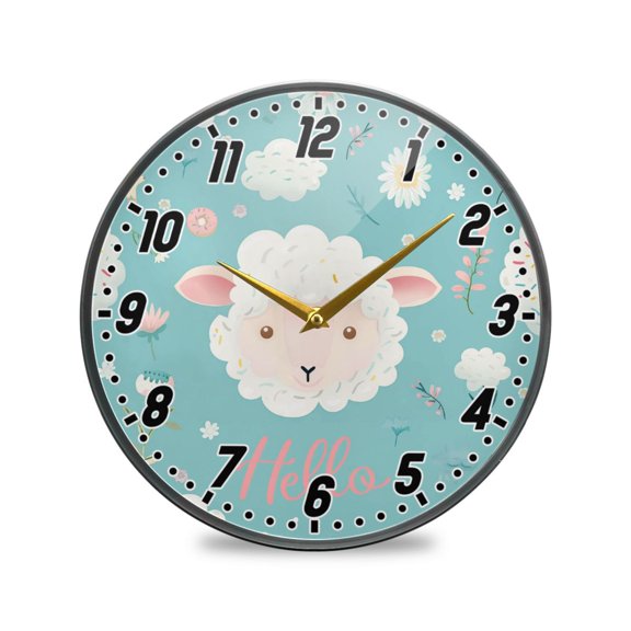Wall Clock Battery Operated Non-Ticking Silent for Living Room Bedroom Kitchen Office Decor Hello Lamb Face 12"
