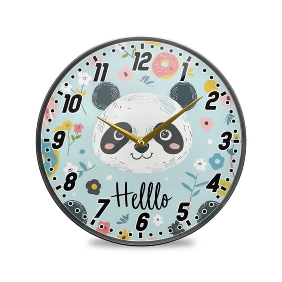 Wall Clock Battery Operated Non-Ticking Silent for Living Room Bedroom Kitchen Office Decor Hello Panda Face 12"