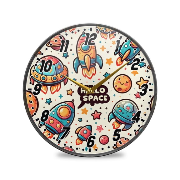 Wall Clock Battery Operated Non-Ticking Silent for Living Room Bedroom Kitchen Office Decor Hello Space Spaceship Star 12"