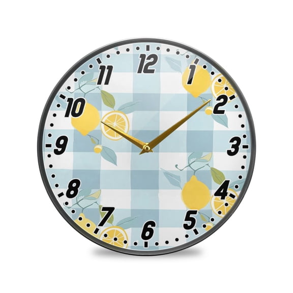 Wall Clock Battery Operated Non-Ticking Silent for Living Room Bedroom Kitchen Office Decor Lemons on Plaid 9.5"