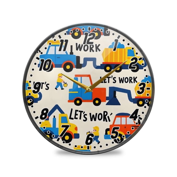 Wall Clock Battery Operated Non-Ticking Silent for Living Room Bedroom Kitchen Office Decor Let's Work Construction Vehicle 12"