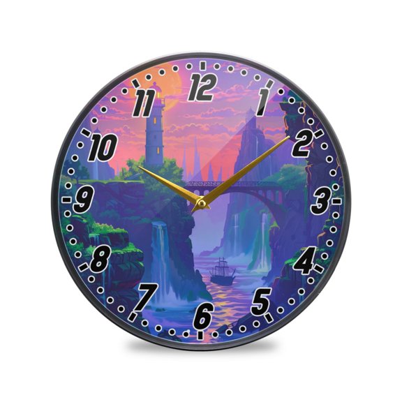 Wall Clock Battery Operated Non-Ticking Silent for Living Room Bedroom Kitchen Office Decor Lighthouse and Bridge on Sunset 9.5"