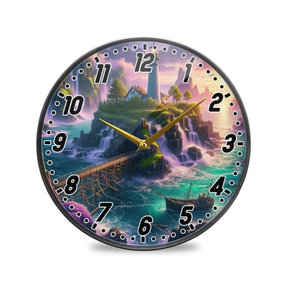 Wall Clock Battery Operated Non-Ticking Silent for Living Room Bedroom Kitchen Office Decor Lighthouse on Island and Bridge 9.5"