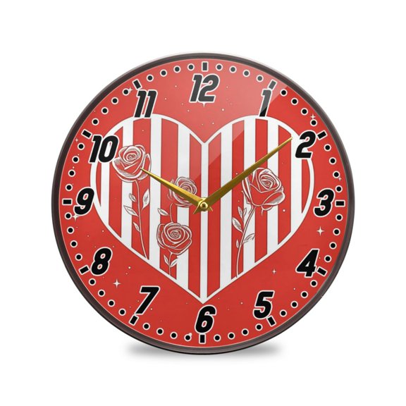 Wall Clock Battery Operated Non-Ticking Silent for Living Room Bedroom Kitchen Office Decor Love Heart and Red Roses 12"
