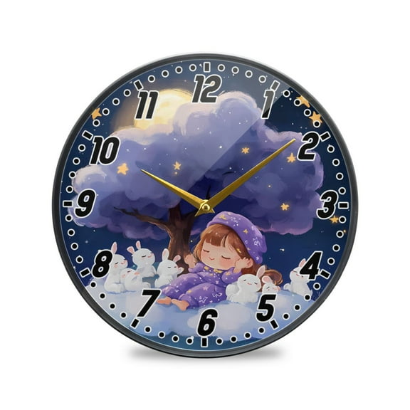 Wall Clock Battery Operated Non-Ticking Silent for Living Room Bedroom Kitchen Office Decor Lovely Girl Bunny Moon Tree 12"