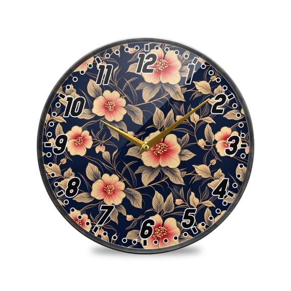 Wall Clock Battery Operated Non-Ticking Silent for Living Room Bedroom Kitchen Office Decor Luxury Flower and Leaf 9.5"