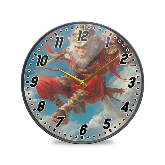 Wall Clock Battery Operated Non-Ticking Silent for Living Room Bedroom Kitchen Office Decor Monkey King with Golden Cudgel 12"