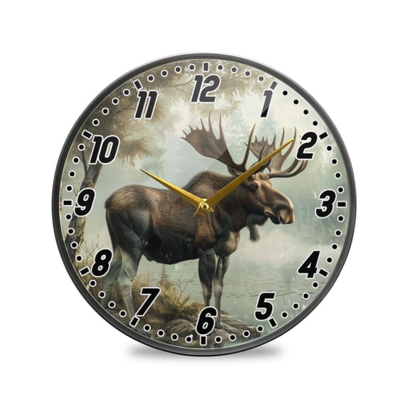Wall Clock Battery Operated Non-Ticking Silent for Living Room Bedroom Kitchen Office Decor Moose on Misty Lake 12"