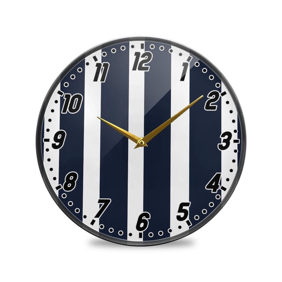 Wall Clock Battery Operated Non-Ticking Silent for Living Room Bedroom Kitchen Office Decor Navy Blue and White Striped 9.5"