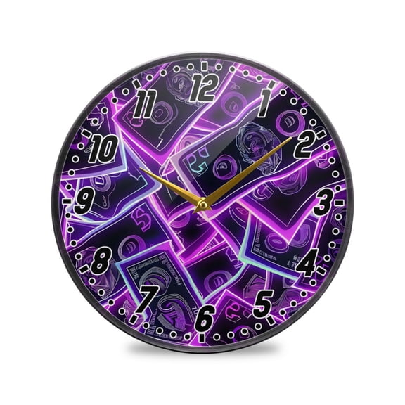 Wall Clock Battery Operated Non-Ticking Silent for Living Room Bedroom Kitchen Office Decor Neon Dollar Bills 9.5"