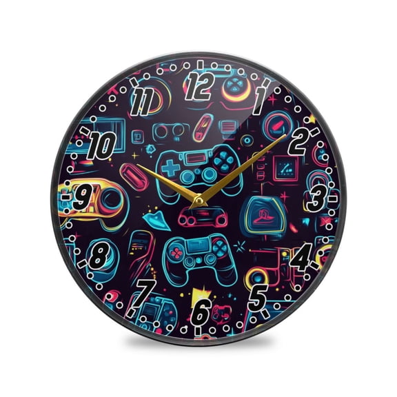 Wall Clock Battery Operated Non-Ticking Silent for Living Room Bedroom Kitchen Office Decor Neon Game Controllers 9.5"