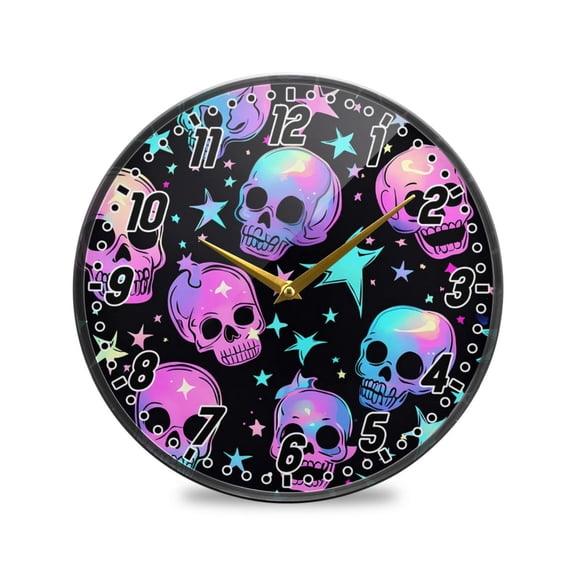 Wall Clock Battery Operated Non-Ticking Silent for Living Room Bedroom Kitchen Office Decor Neon Skulls and Stars 12"