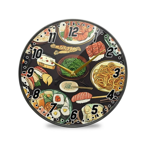 Wall Clock Battery Operated Non-Ticking Silent for Living Room Bedroom Kitchen Office Decor Noodle Sushi Prawns 12"