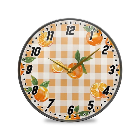 Wall Clock Battery Operated Non-Ticking Silent for Living Room Bedroom Kitchen Office Decor Orange on Gingham 9.5"