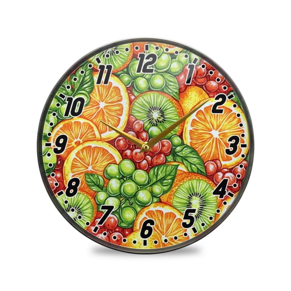Wall Clock Battery Operated Non-Ticking Silent for Living Room Bedroom Kitchen Office Decor Oranges Kiwi Slices Grape 12"