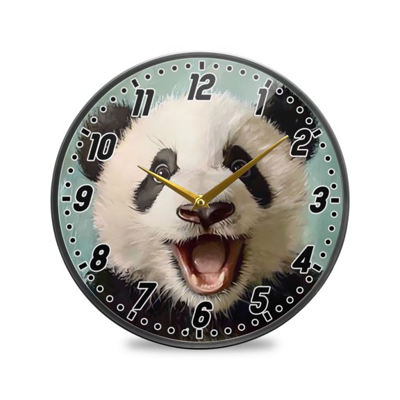 Wall Clock Battery Operated Non-Ticking Silent for Living Room Bedroom Kitchen Office Decor Panda Oil Painting 12"