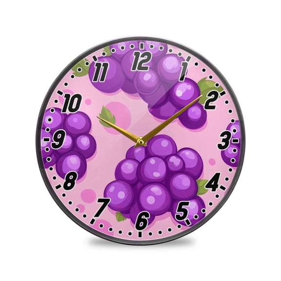 Wall Clock Battery Operated Non-Ticking Silent for Living Room Bedroom Kitchen Office Decor Purple Grape and Dots 12"