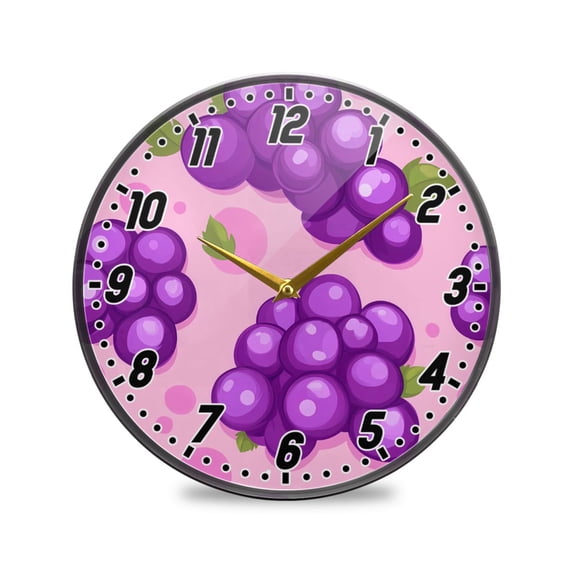 Wall Clock Battery Operated Non-Ticking Silent for Living Room Bedroom Kitchen Office Decor Purple Grape and Dots 9.5"