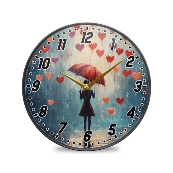 Wall Clock Battery Operated Non-Ticking Silent for Living Room Bedroom Kitchen Office Decor Raining Love Hearts 9.5"