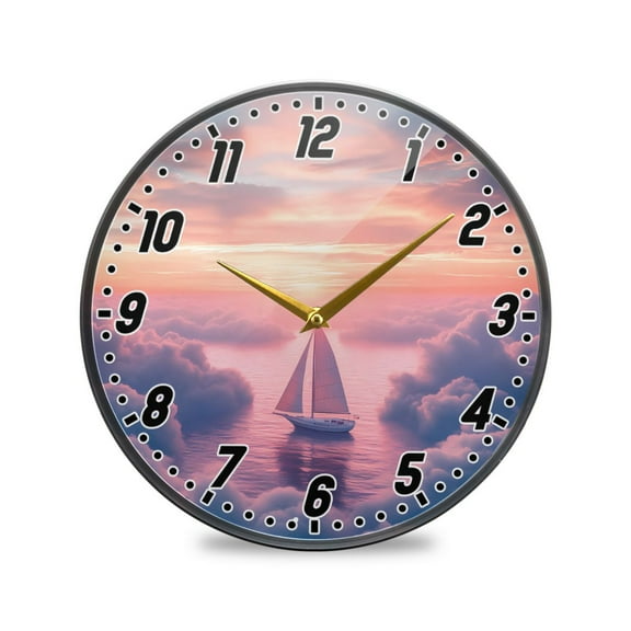 Wall Clock Battery Operated Non-Ticking Silent for Living Room Bedroom Kitchen Office Decor Sailboat above Clouds 9.5"