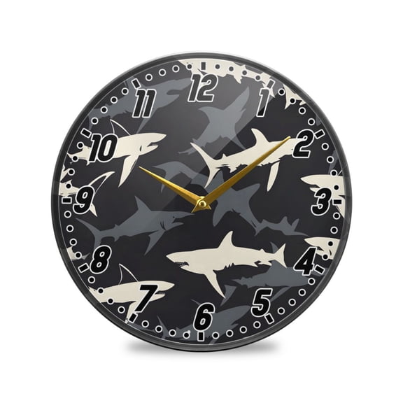 Wall Clock Battery Operated Non-Ticking Silent for Living Room Bedroom Kitchen Office Decor Shark Outline 12"