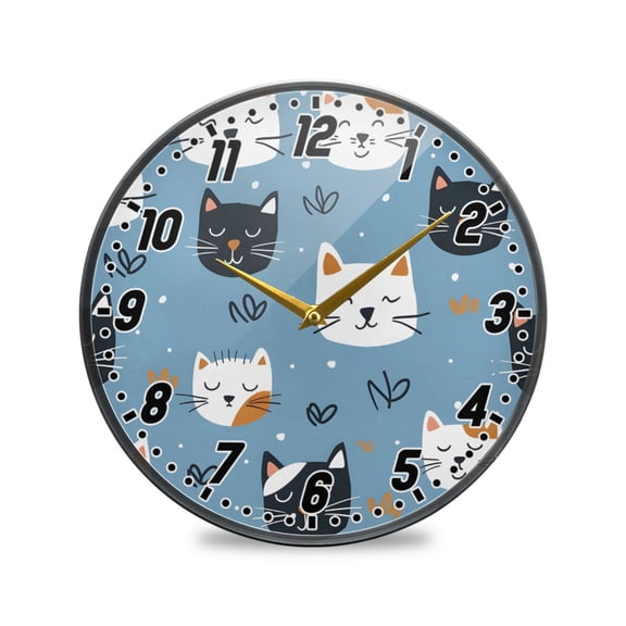 Wall Clock Battery Operated Non-Ticking Silent for Living Room Bedroom Kitchen Office Decor Sleeping Cat Faces 9.5"