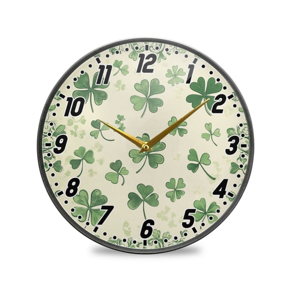 Wall Clock Battery Operated Non-Ticking Silent for Living Room Bedroom Kitchen Office Decor St. Patrick's Day Clover 9.5"