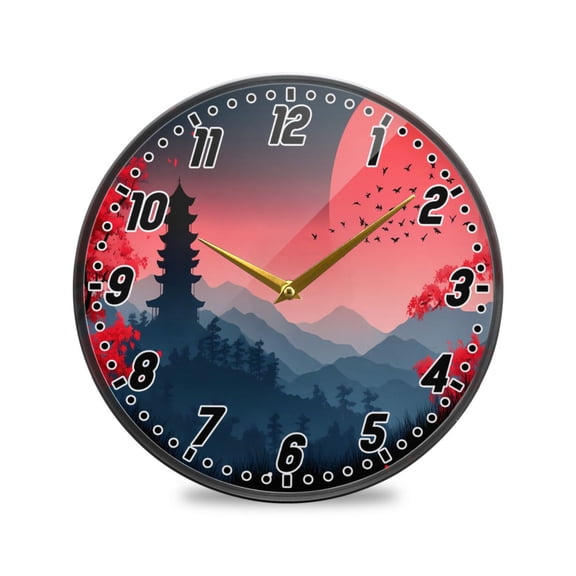Wall Clock Battery Operated Non-Ticking Silent for Living Room Bedroom Kitchen Office Decor Sun Tower Cherry Mountains 12"