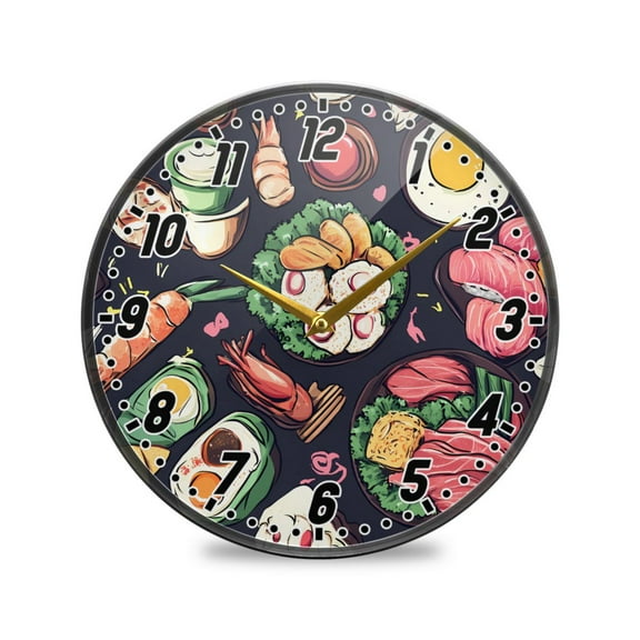 Wall Clock Battery Operated Non-Ticking Silent for Living Room Bedroom Kitchen Office Decor Sushi Egg Shrimp Fish 9.5"