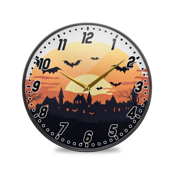 Wall Clock Battery Operated Non-Ticking Silent for Living Room Bedroom Kitchen Office Decor Town Bat Sunset 12"