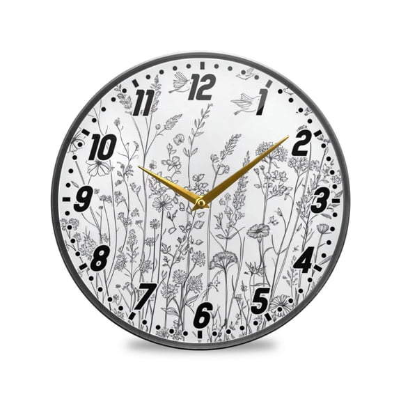 Wall Clock Battery Operated Non-Ticking Silent for Living Room Bedroom Kitchen Office Decor Wild Flowers and Birds 12"