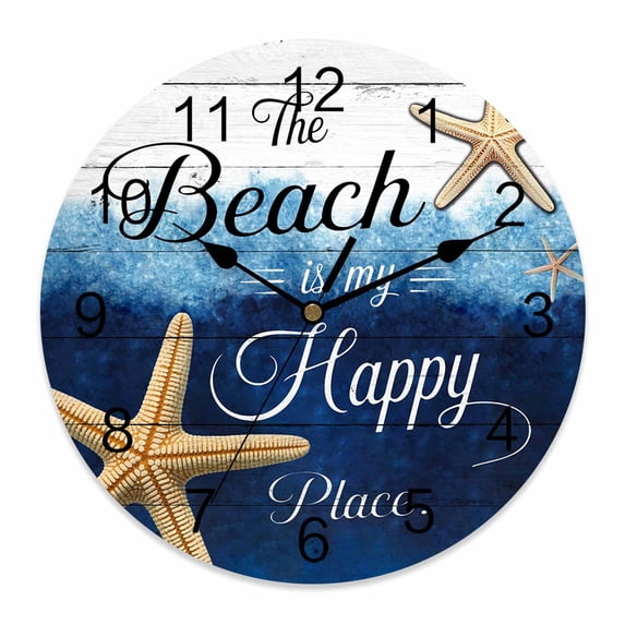Wall Clock The Beach Is My Happy Place Clocks PVC Silent Non-Ticking Battery Operated Summer Ocean Starfish Wood Round Clock for Home Living Room Kitchen Bedroom Office School Wall Decor 10 Inch