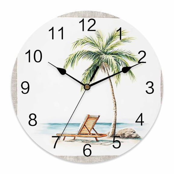 Wall Clock Beach Palm Trees Clocks PVC Silent Non-Ticking Battery Operated Decorative Summer Seaside Holidays Round Clock for Home Living Room Kitchen Bedroom Office School Wall Decor 10 Inch