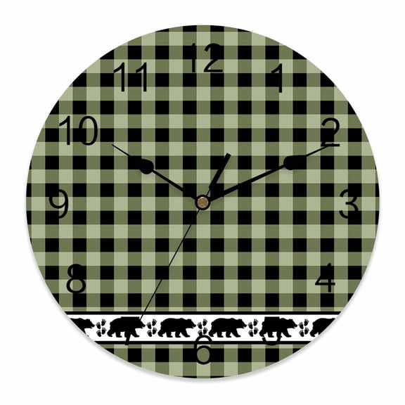 Wall Clock Bear Footprints Green Buffalo Plaid Clocks PVC Silent Non-Ticking Battery Operated Decorative Forest Animals Round Clock for Home Living Room Kitchen Bedroom Office Wall Decor 10 Inch